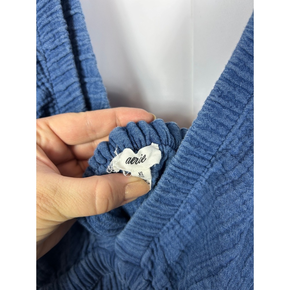 Aerie Blue Cotton Gauze Tiered Mini Dress V-Neck Raw Hem Boho XL - Picture 3 of 7